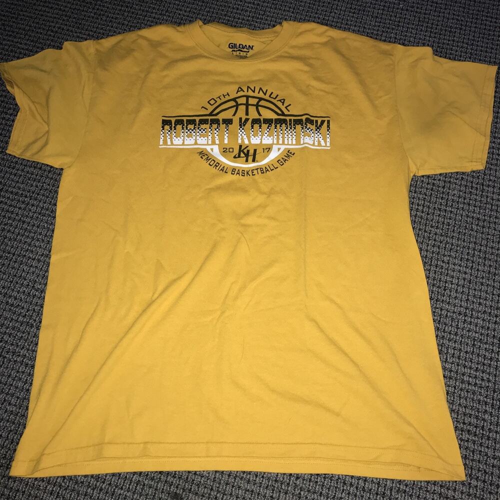 10th Annual Bobby Kozminski Basketball Game Tee Large Yellow 2017 Gildan